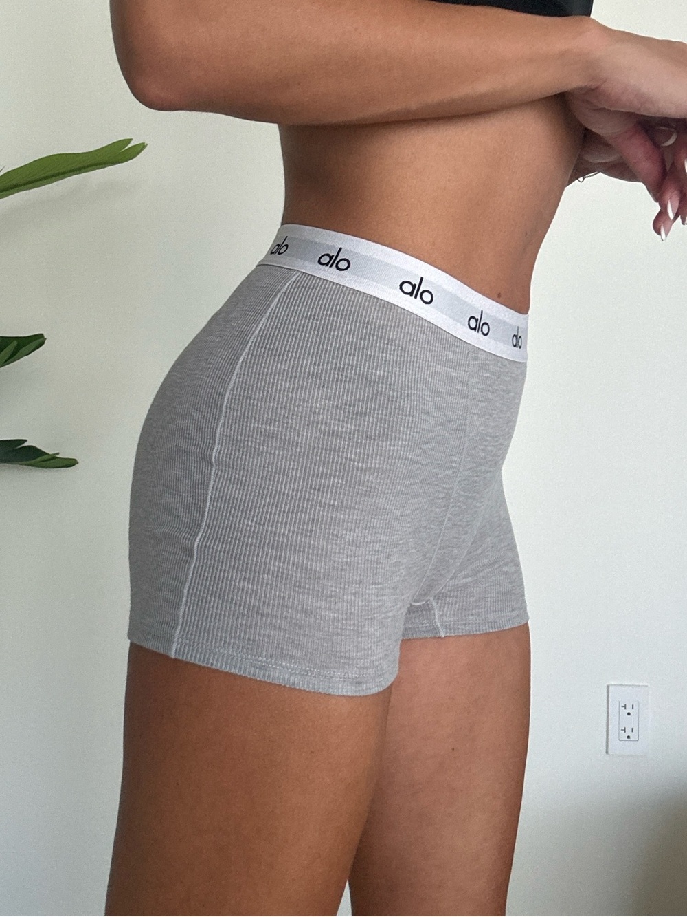 ALO Yoga Grey Ribbed Boyshorts with White Logo Waistband